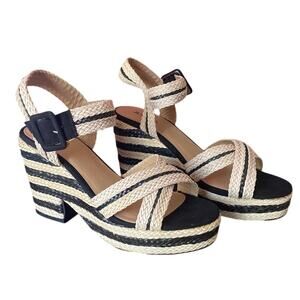 Stripe Espadrille Platform Sandals Womens 9.5 Brown Wedge Heel Open Toe Ladies